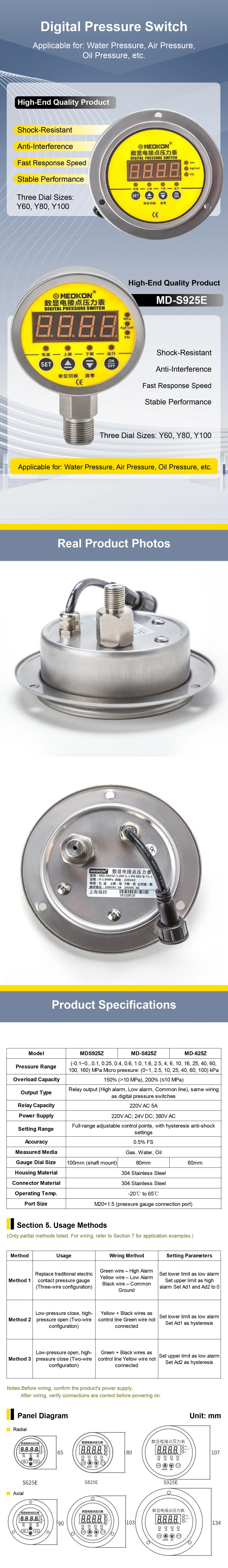MD-S825E Electric Contact Pressure Gauge AC220V 380V DC24V 0.16-60MPa 304 Stainless Steel Digital Pressure Switch Meter