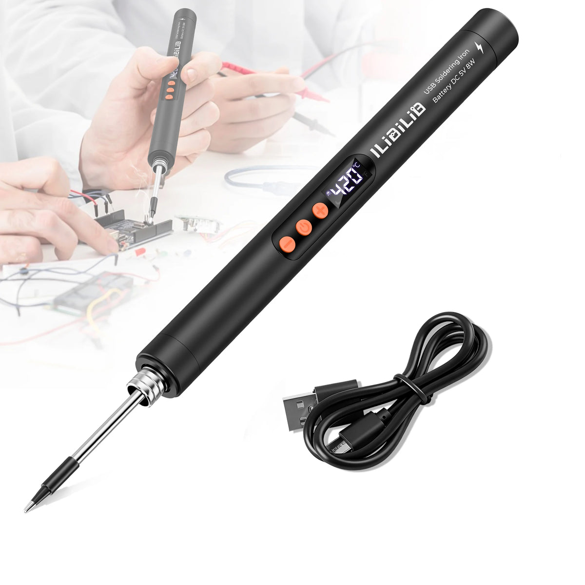 ILIBILIB HX7 8W 5V USB Soldering Iron Kit LCD 260-420°C Built-in Battery Wireless Work Sleep Mode Fast Heating