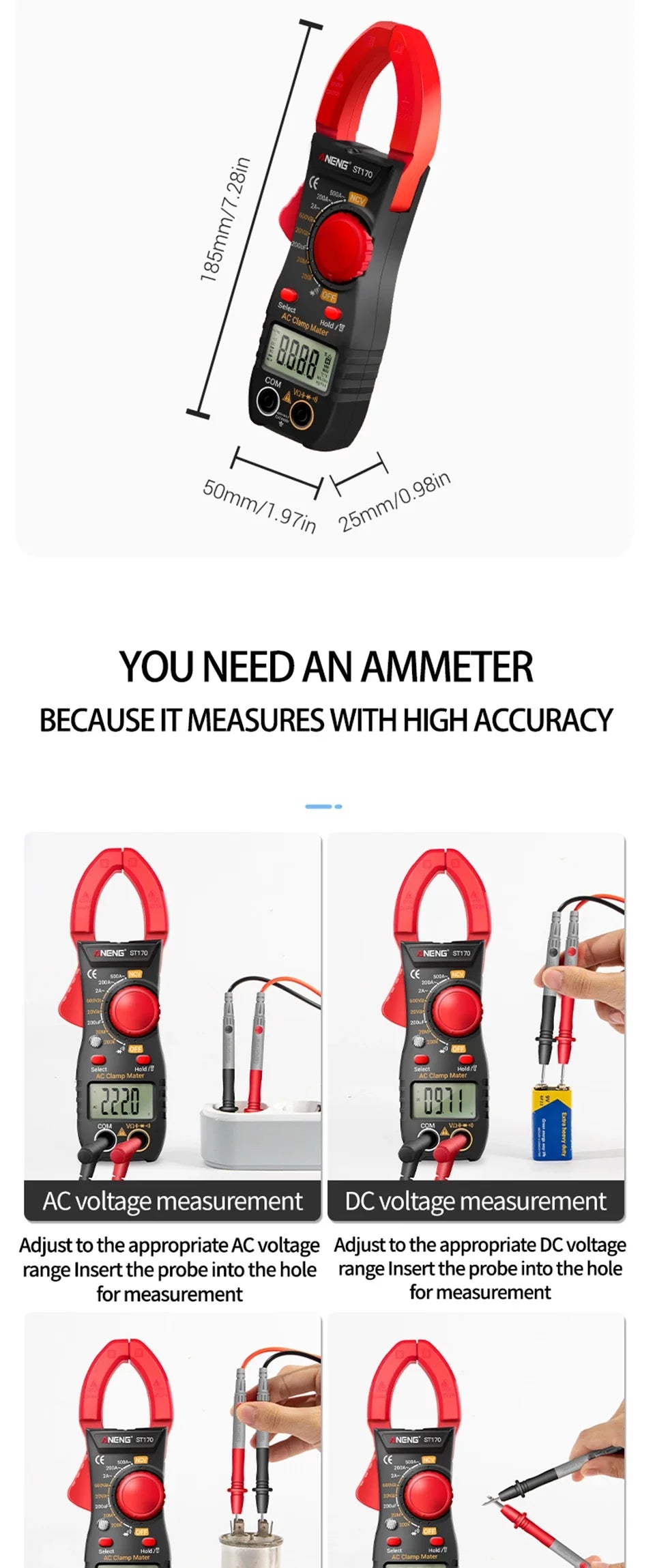 ANENG ST170 Clamp Meter Digital Multimeter Tester 500A AC Current AC/DC Voltage+B18 Highlight Voltage Tester Pen Electrician Set