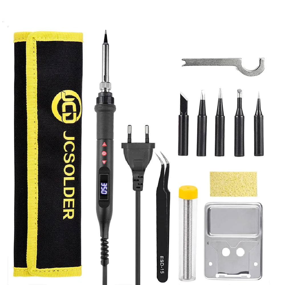 JCD Digital Soldering Iron Set Kit 80W with ON/OFF Switch Adjustable Temperature LCD Welding Tools Ceramic Heater Soldering Tips