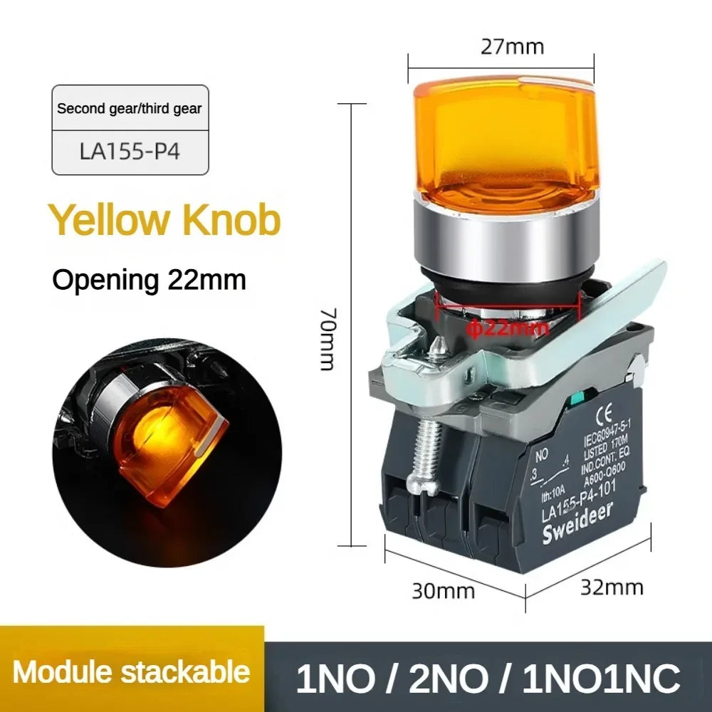 XB4 Knob Switch with Light 22mm 2/3Position Self Locking 1NO/2NO/1NO1NC Select Rotary Switch with LED 12V 24V 220V 10A Red Green