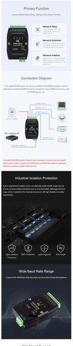 Industrial-grade Isolated 4-Ch RS485 Hub Rail-mount Support Wide Baud Rate Range, Expands 4-ch RS485 Sub Ports Via 1-ch RS485