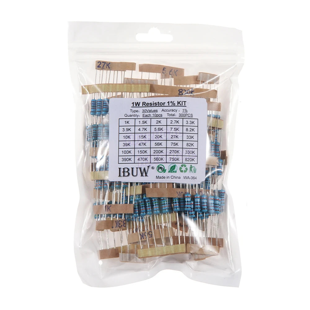 150PCS 300PCS 1/4W 1/2W 1W 2W 3W Resistance 1% Metal Film Resistor Assortment Kit Set 30Values Each 5/10PCS 1~750 1K~820K Ohm
