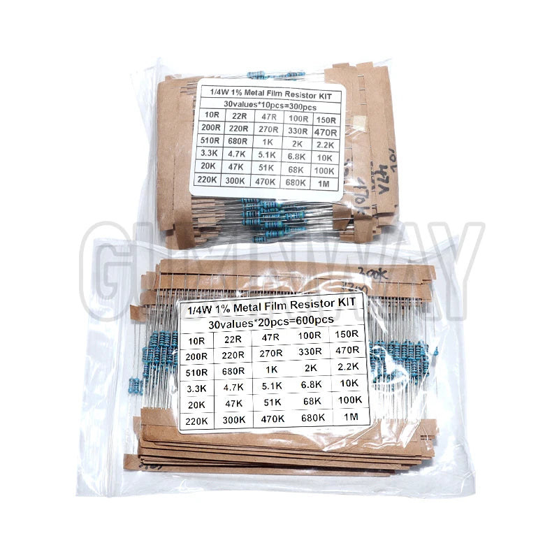 30values Pack Assorted Kit 1/4W 1% Metal Film Resistor KIT 1K 10K 100K 220ohm 1M Resistors