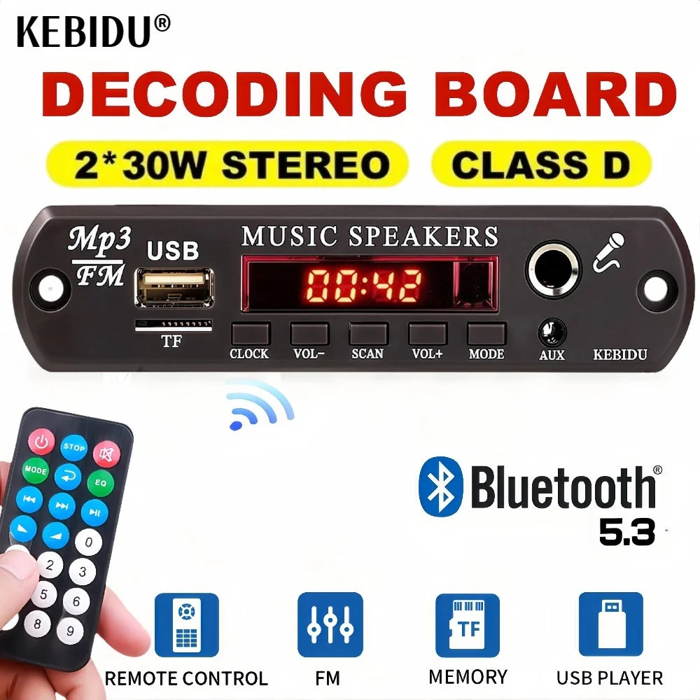 30W 60W Amplifier 12V MP3 Decoder Board Bluetooth 5.3 Stereo Audio DIY Car MP3 Player FM Radio TF USB 6.5mm Mic Jack Record Call