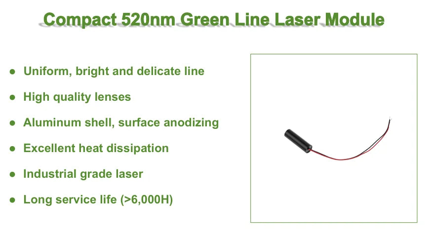 Economical Compact Green Line Laser Diode Module 520nm D12mm 5mW 3V 5V 12V 24V Industrial Grade for Woodworking Machinery
