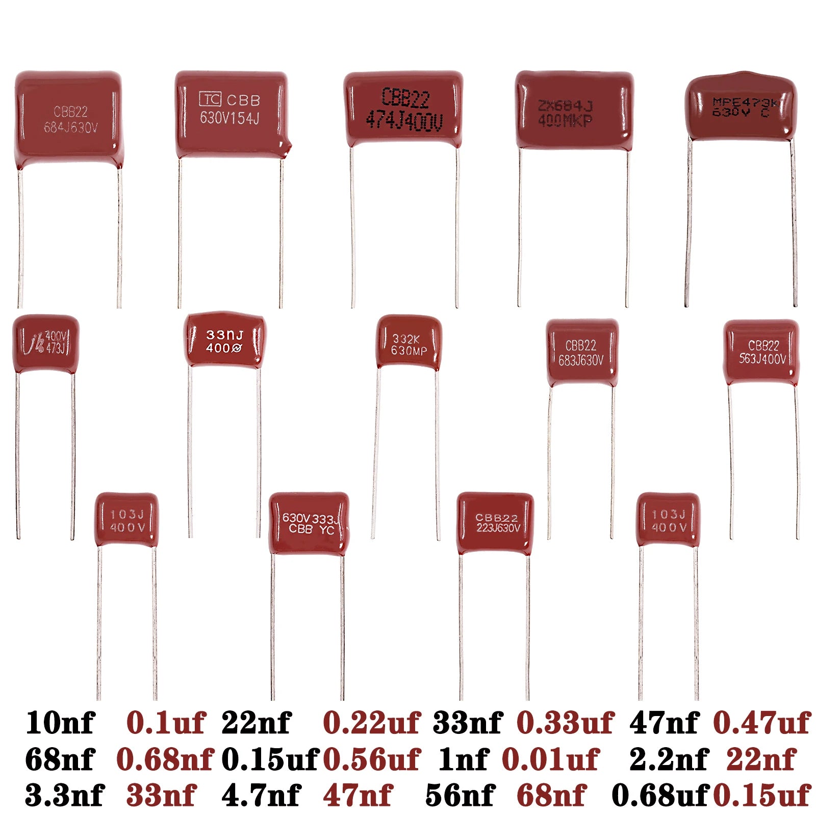 10pcs CBB Capacitors Metallized Polypropylene Film Capacitor 0.01uf 0.22uf 0.33uf 0.47uf 0.68uf 1nf 10nf 22nf 23nf 47nf 68nf