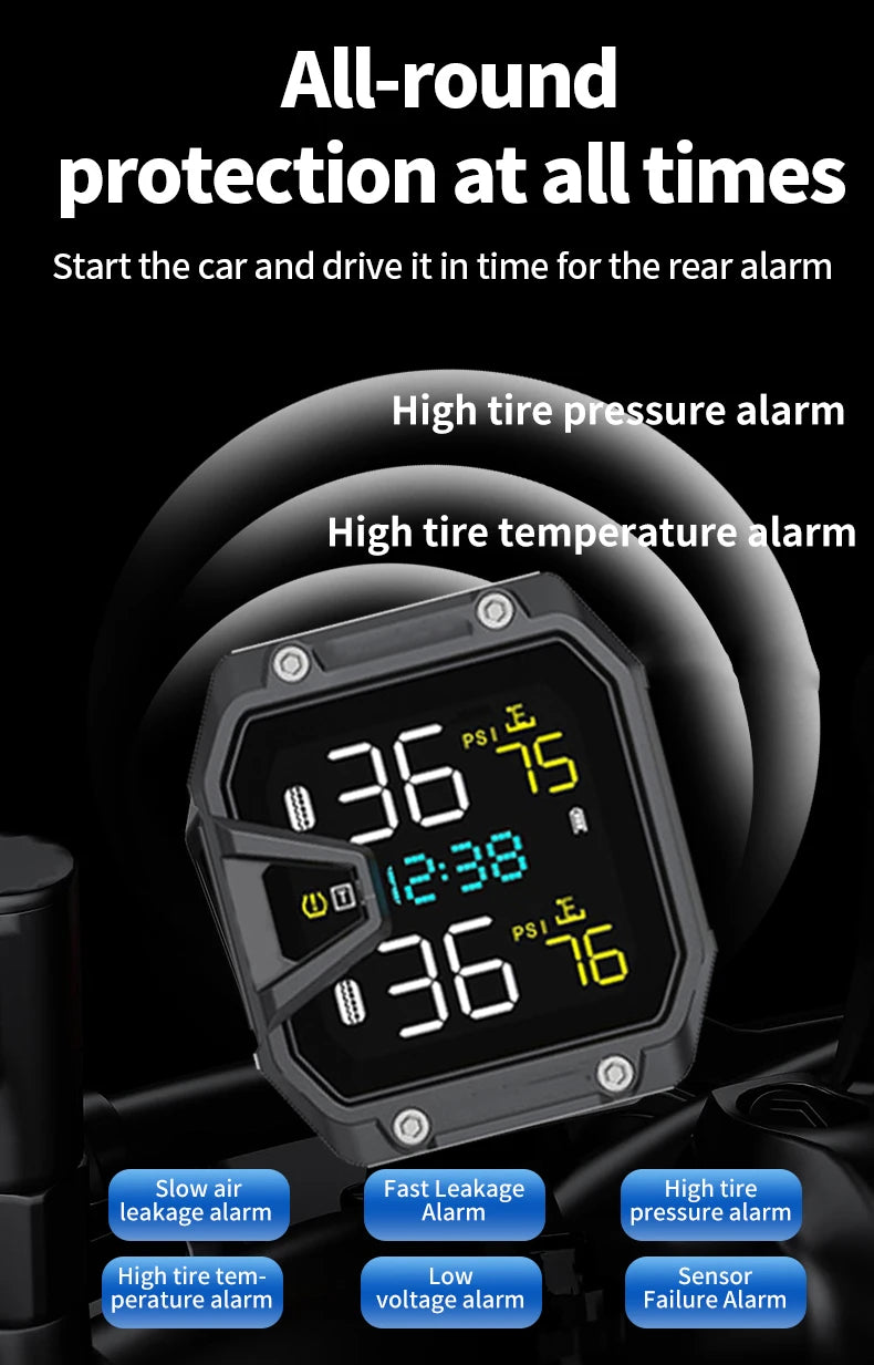 Yangood TMPS Motorcycle Tire Pressure Sensor Waterproof LCD Color Display Real-Time Safety Tire Pressure Monitoring System