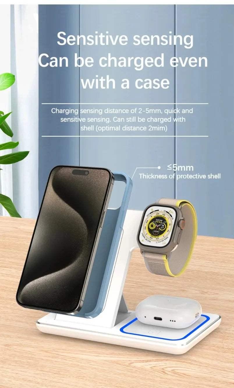 3 in 1 Wireless Charger Stand Foldable 30W LED Fast Charging Station For iPhone 16 15 14 13 12 Apple Watch 9 8 7 6 5 Airpods Pro