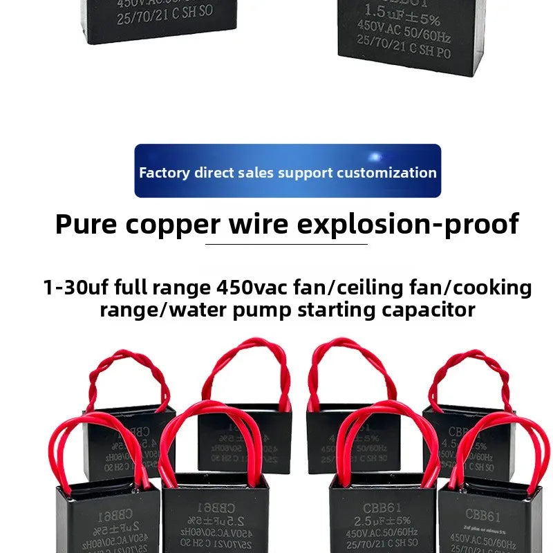 CBB61 Fan Start Capacitor 1.0/1.2/1.5/2.0/2.5/3.0/3.5UF 450V Universal for Ceiling Fans, Range Hoods, Water Pumps