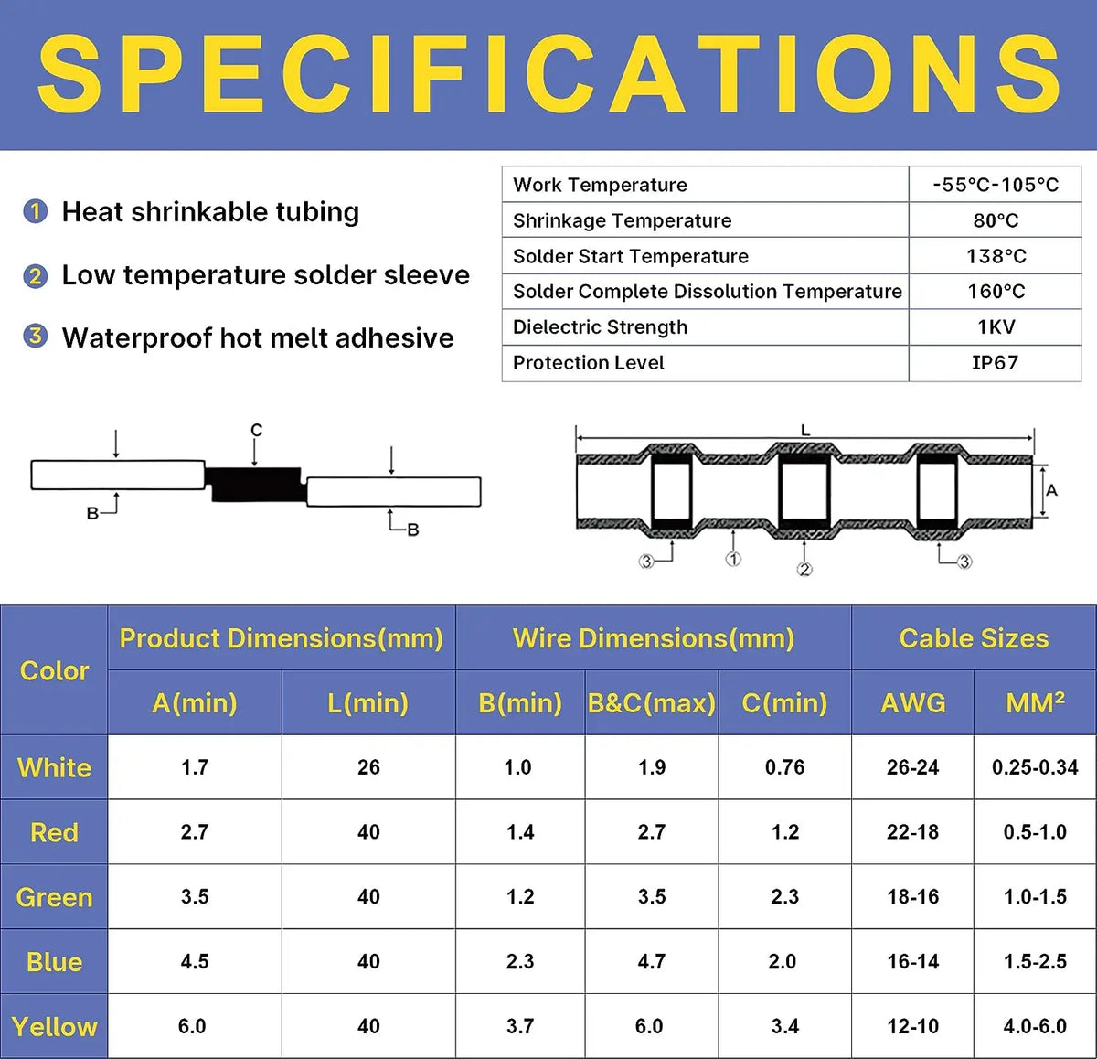 50-1200Pcs Solder Seal Wire Connectors Kit with 300W Heat Gun Waterproof Heat Shrink Butt Terminals Electrical Splice Set