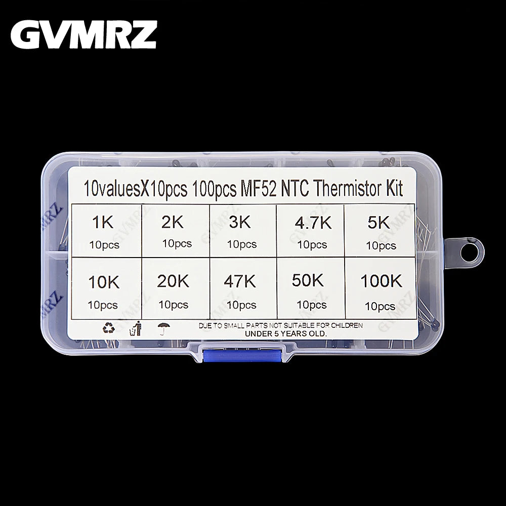 100PCS 10Values*10PCS NTC Thermistor Thermal Resistor kit MF52 NTC-MF52AT 1K 2K 3K 4.7K 5K 10K 20K 47K 50K 100K 5% 3950B