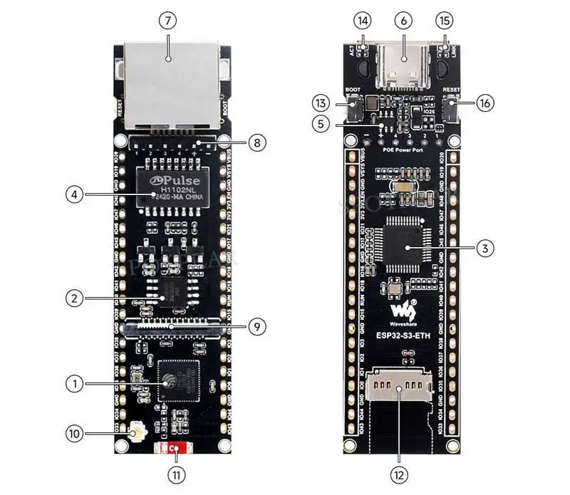 ESP32-S3 Ethernet Development Board Supports Wi-Fi&Bluetooth PoE type-C&power 8MB PSRAM&16MB Flash