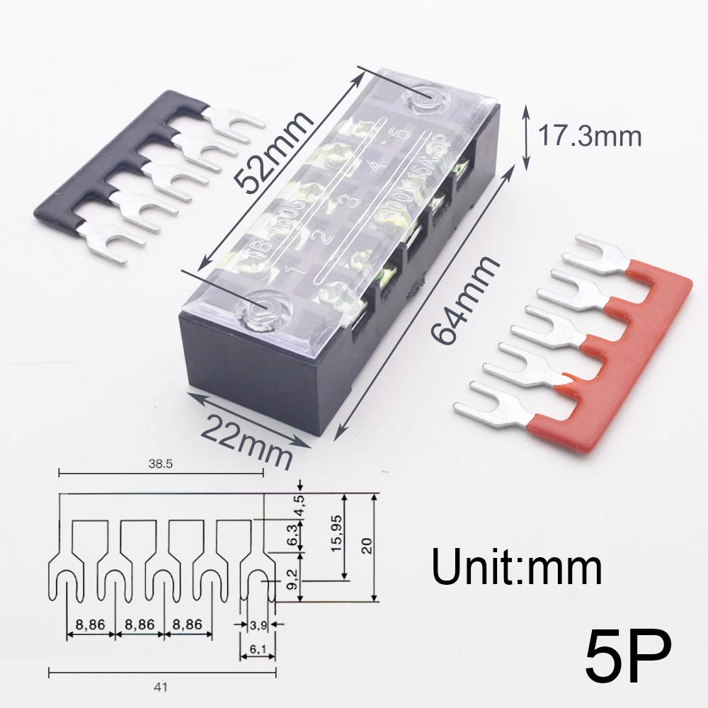 1pcs 15A 600V Dual Row Strip Screw Terminal Block With 2pcs Terminal Strip Short Piece TB Connector 3 4 5 6 8 10 12 Position