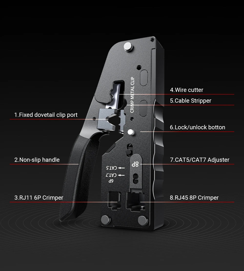 AMPCOM RJ45 Crimper CAT7 Crimping Tool for Pass Through RJ11 RJ45 Connector CAT6 CAT5E Modular Plugs With Wire Stripper Cutter