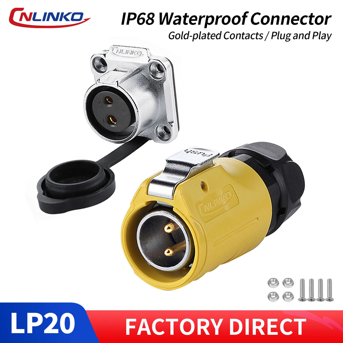 CNLINKO Industrial Waterproof IP68 2 Pin Automotive 20A AC DC Power Connector Outdoor Electrical Cable Connector LED Lighting