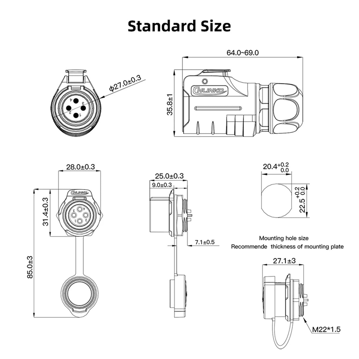 CNLINKO M20 Industrial Circular Connector Waterproof IP68 Solder Type Male/Female Set for Energy Storage,Transportation & Marine