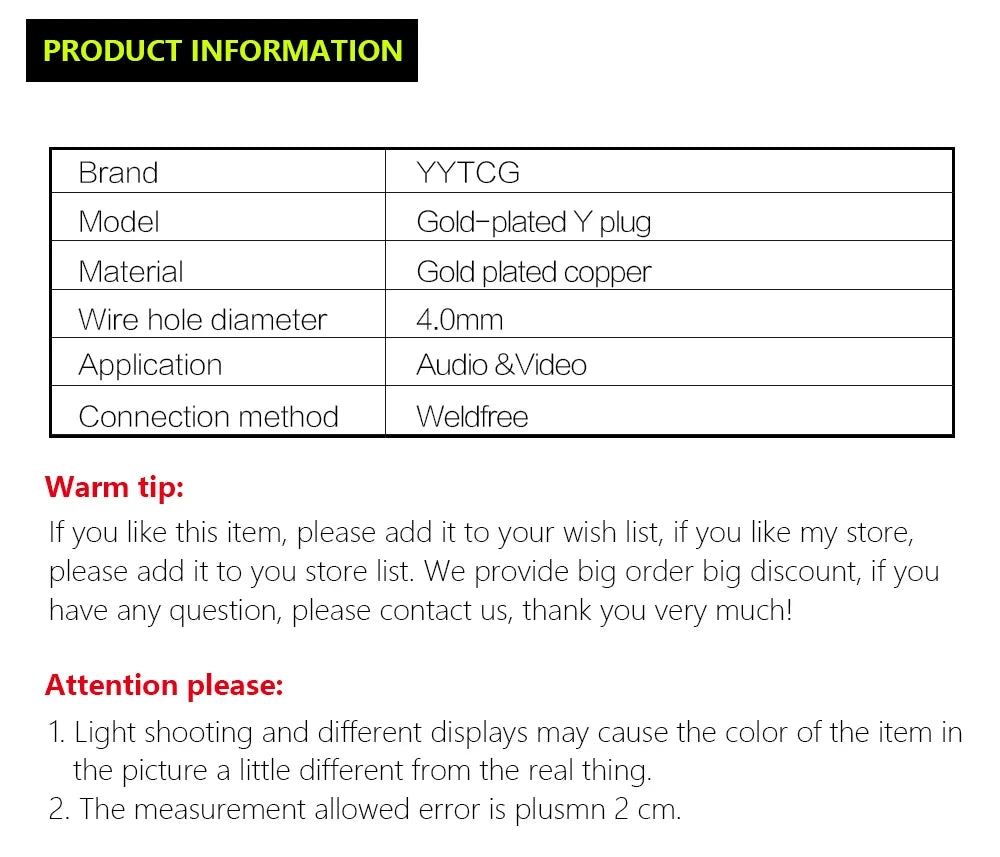YYTCG Gold plated Banana Plug Connectors, Speaker plugs, audio screws, fork connectors, U and Y 1pcs/4pcs