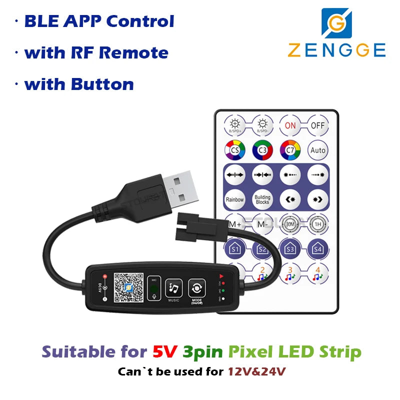 BLE WS2812B Controller BT Music for Pixel LED Strip Light SK6812 WS2811 WS2812 LED Light Strip USB 5V APP Remote Controller