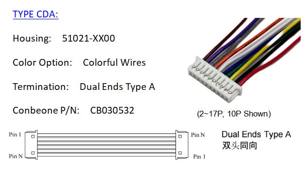 510210400 WIRE HARNESS, MOLEX PICO BLADE SERIES 1.25MM PITCH, 51021-0400, 4P CABLE, Off The Shelf