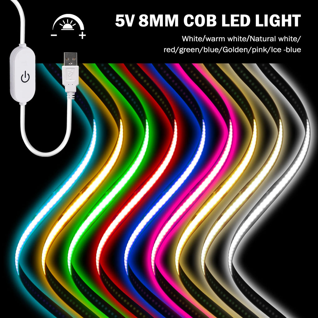 5V Flexible COB LED Strip Light 320LEDs/m White/Red/Blue/Green USB Power with Dimmer/Switch Adhesive Tape Cabinet Room Lighting