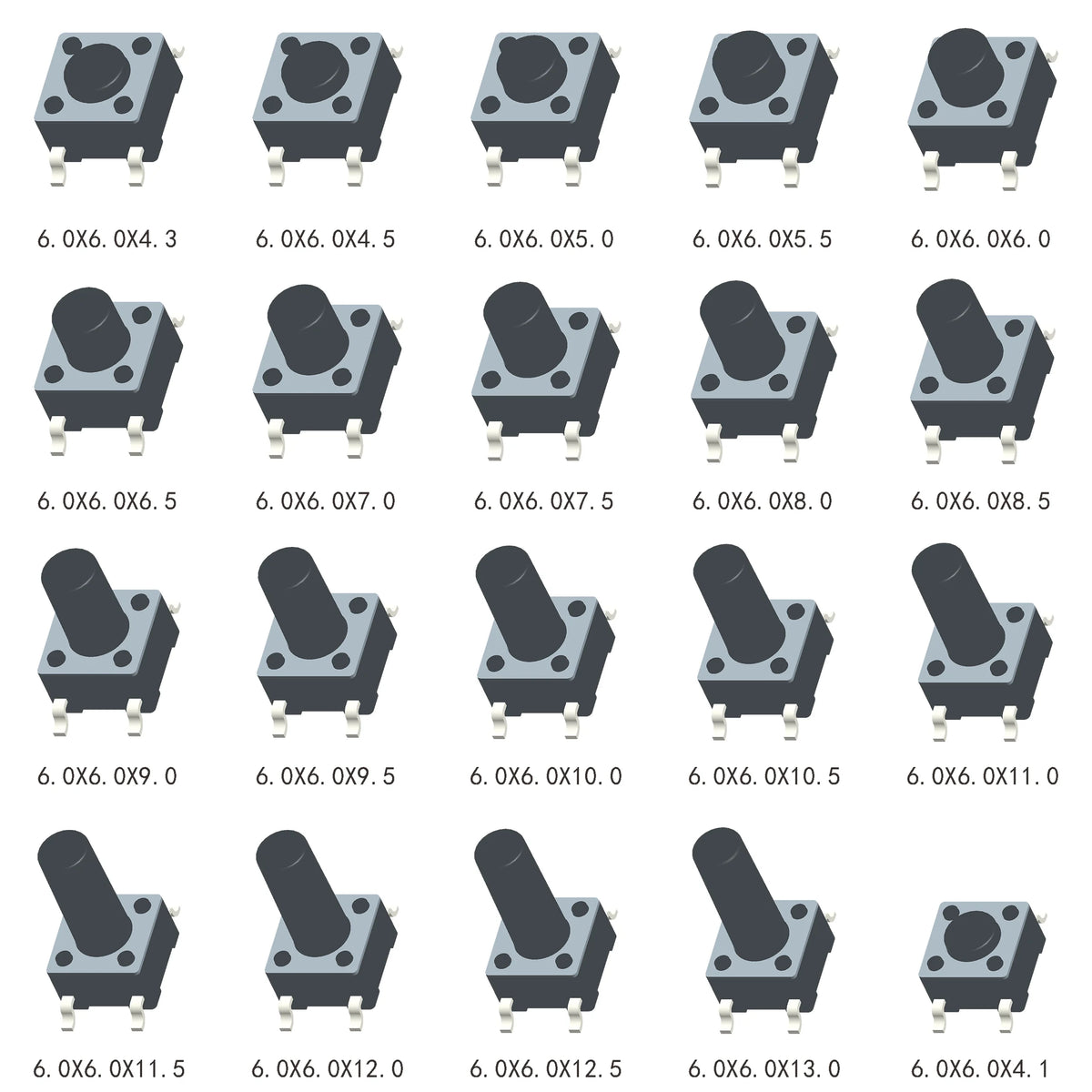 1000PCS 6X6X4.1/4.3/4.5/5/5.5/6/6.5/7/7.5/8/8.5/9/9.5/10/10.5/11/11.5/12/12.5/13mm DIP SMT 4Pin 2Pin Tactile Push Button Switch