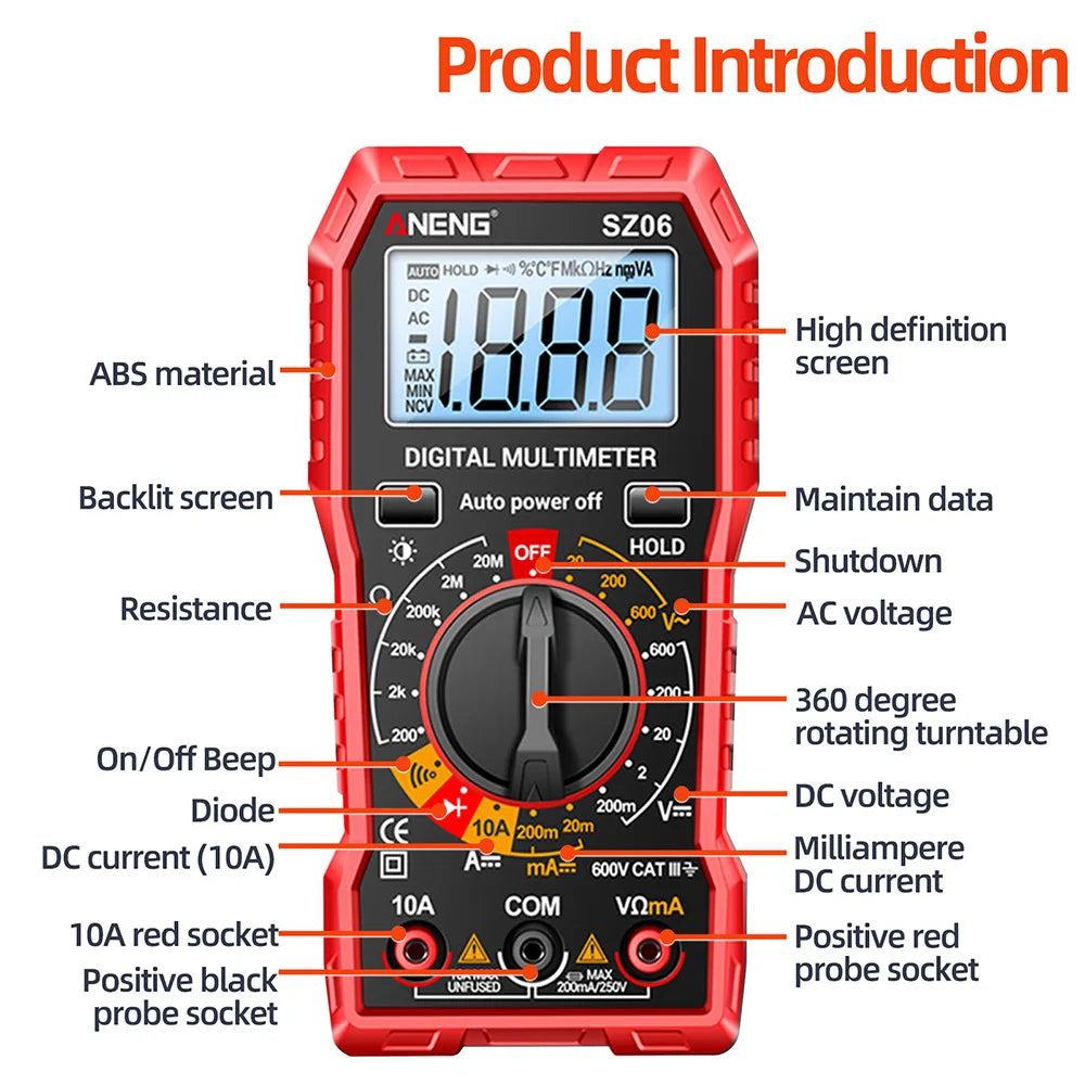 Digital Multimeter Voltage Tester Voltmeter SZ06 SZ308 TRMS 2000 Counts Auto-Ranging Ohm Volt Amp Meter Measuring AC/DC Voltage