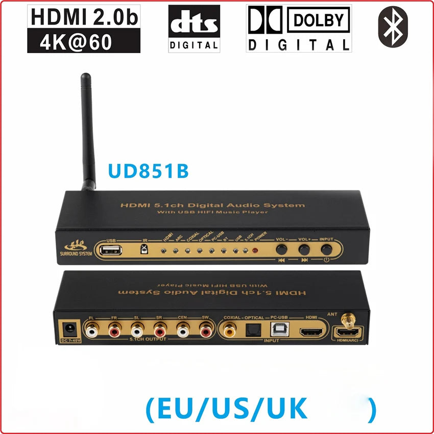 DTS Dolby AC3 5.1 Channel Audio Decoder Conversion DAC Bluetooth HDMI Splitter USB Computer Sound Card US/UK/EU