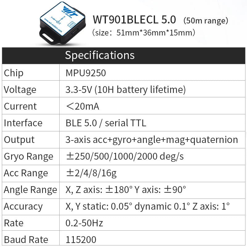 WitMotion WT901SDCL AHRS MPU9250 200Hz 9-Axis Offline Accelerometer Data Logger,  Gyro+Angle (XY 0.05° Accuracy)+Magnetometer