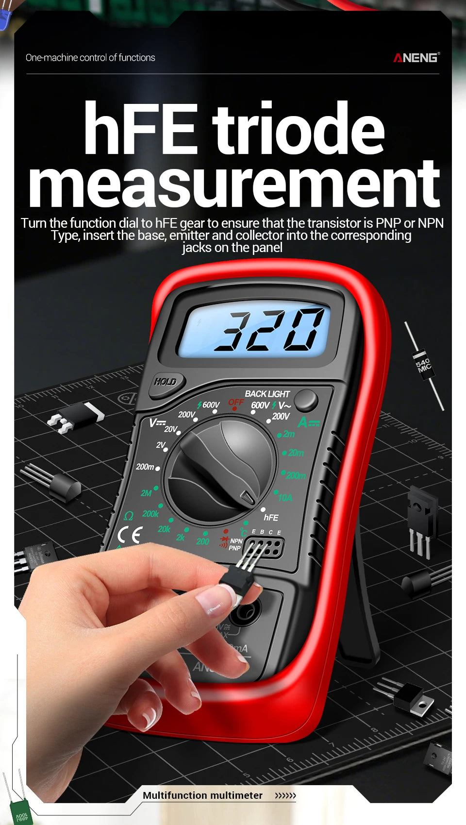 Digital Multimeter 1999 Counts 600V AC/DC Voltage Temp Test for Car Repair ANENG AN8205C Blue Backlight hFE Triode DIY Test Tool