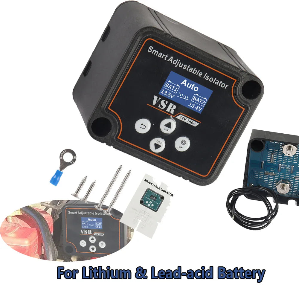 12V 140A Dual Battery Smart Isolator Display VSR Car Relay Voltage Setting Voltage Sensitive for Lithium & Lead-Acid Battery
