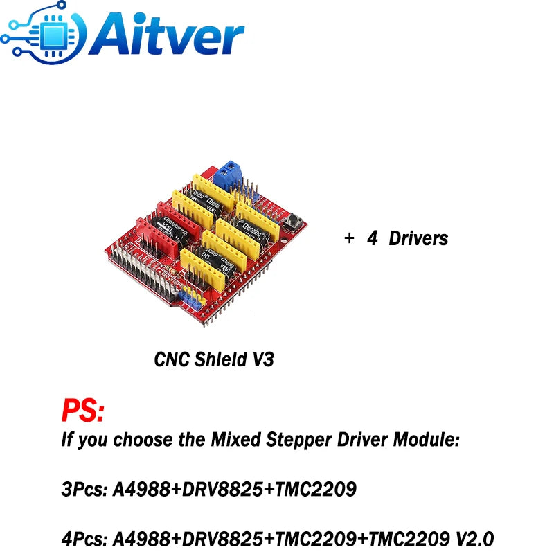 CNC Shield V3 GRBL Controller Kit for Arduino UNO with A4988 DRV8825 TMC2209 V2.0 Stepper Drivers and Limit Switches