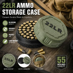A compact storage case capable of holding 55 .22LR rounds—convenient for carrying to the shooting range.