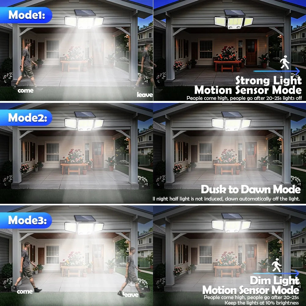 3 Heads Solar Motion Sensor Lights 236/223LED Solar Security Flood Lights Waterproof 3 Modes Wall Light Garden Yard Patio Pathwa