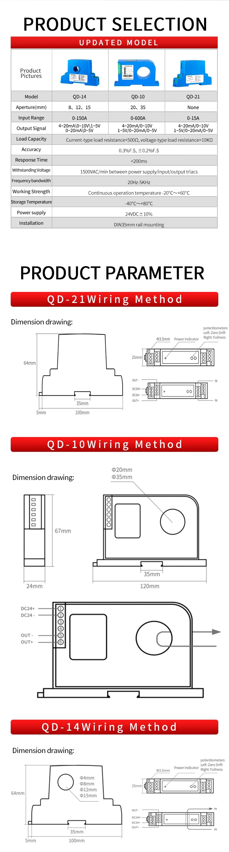 Current Transducer 4-20mA 0-10V RS485 Current Transducer 0-1A 0-2A 0-5A Current Transmitter 0-10V Current Transmitter