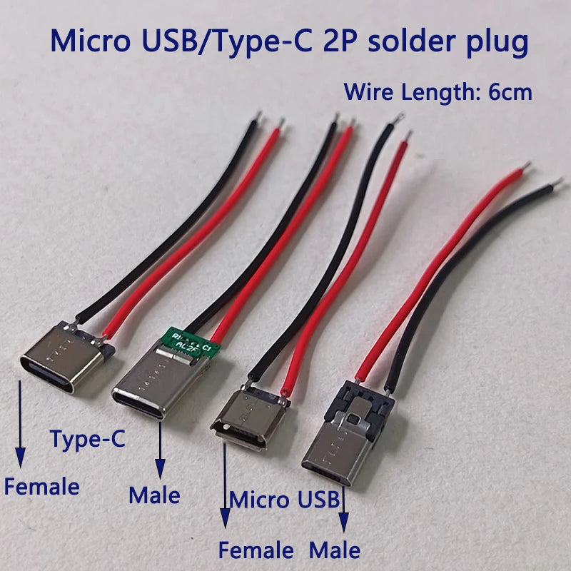 2/5/10/20pcs 2Pin Type‑C/Micro USB Male Female Connector With 6cm Pre‑soldered Wires 5V Charging Jack for DIY Projects Repair