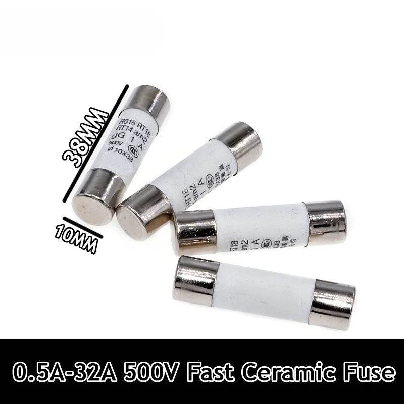 20-5 Pcs, 10*38 Fast Blow Ceramic Fuse 10x38mm Fuse 500V 0.5A 1A 2A 4A 5A 6A 8A 10A 16A 20A 32A RO15 RT18 RT14