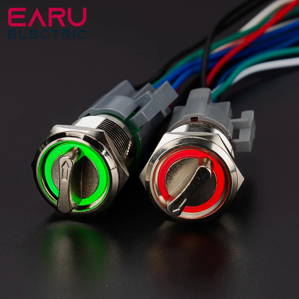 19mm 2 3 Position Latching Stainless Steel Metal Selector Rotary Switch with LED Waterproof  DPDT Illuminated Self-locking