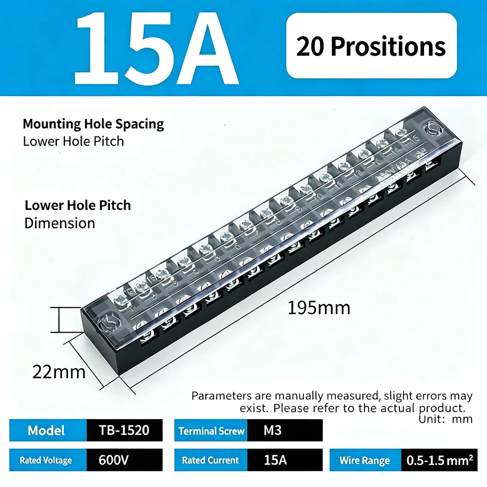 1Pc Dual Row Screw Terminal Block TB1503-TB1520 15A Fixed Wiring Strip Wire Connector