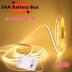 3mm 5mm PCB Battery Power COB LED Strip Light 5V Warm Natural White Blue Red Green Pink Tape 320LEDs 8mm High Density Flex Lamp