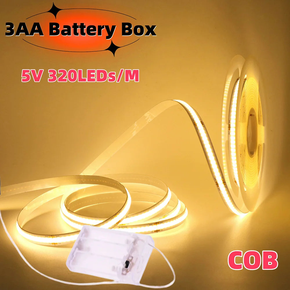 3mm 5mm PCB Battery Power COB LED Strip Light 5V Warm Natural White Blue Red Green Pink Tape 320LEDs 8mm High Density Flex Lamp
