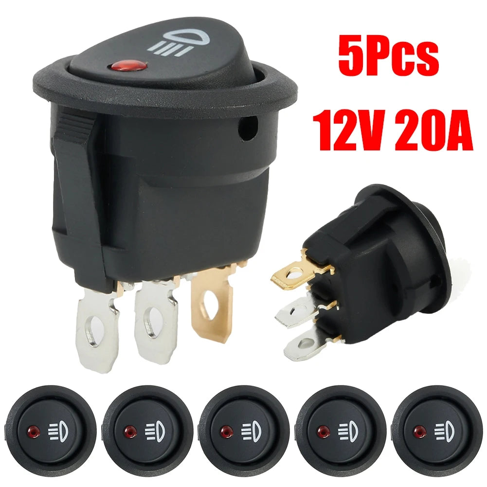 5Pcs Black On-OFF Rocker Switch Set Round DC 12V 20A Red Led Fog Light Lamp Symbol Car Van Truck Boat Rocker Switch