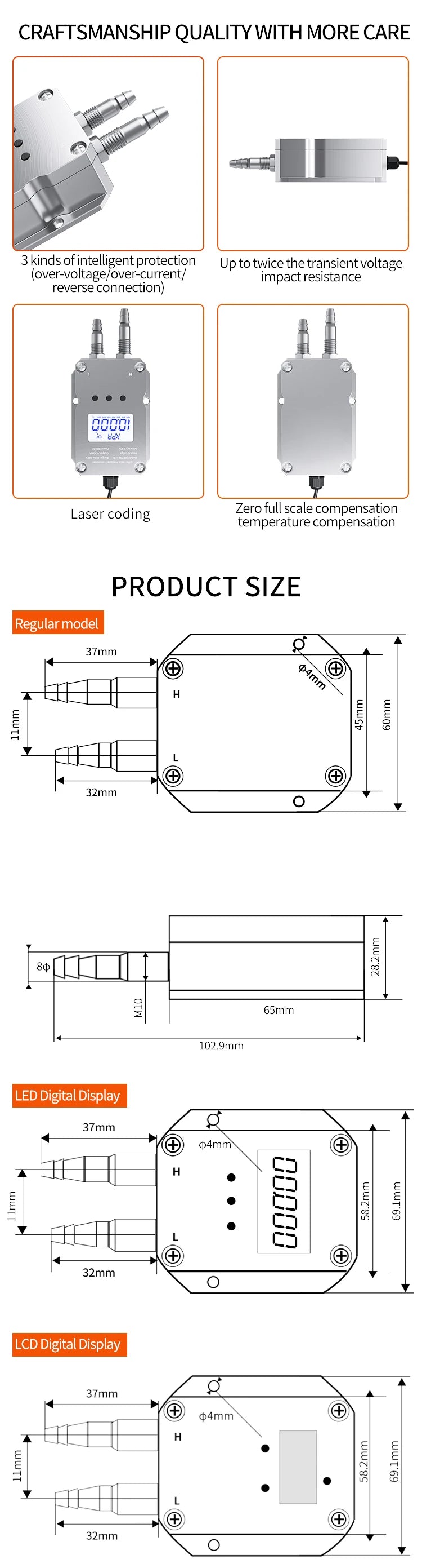 4-20mA LCD Differential Pressure Transmitter 0-10V 0-5V  RS485 Wind Pressure Sensor 1Kpa 10kp 50Pa 100Pa 500Pa 50Pa Air Pressure