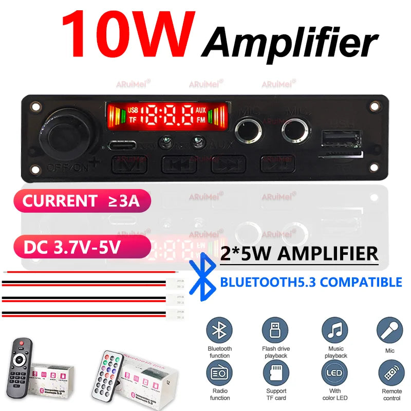 10W Bluetooth Amplifier Board MP3 Decoder Module Dual Channel DC 3.7-5V USB/TF/FM Car Audio Player with Recording Handsfree CalL