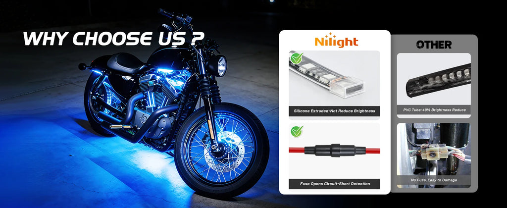 Nilight 8PCS Motorcycle RGB Led Light Kit Waterproof Multi-Color Atmosphere Lights Lamp with 4Key RF Wireless Remote for Harley Davidson Honda Kawasaki Suzuki