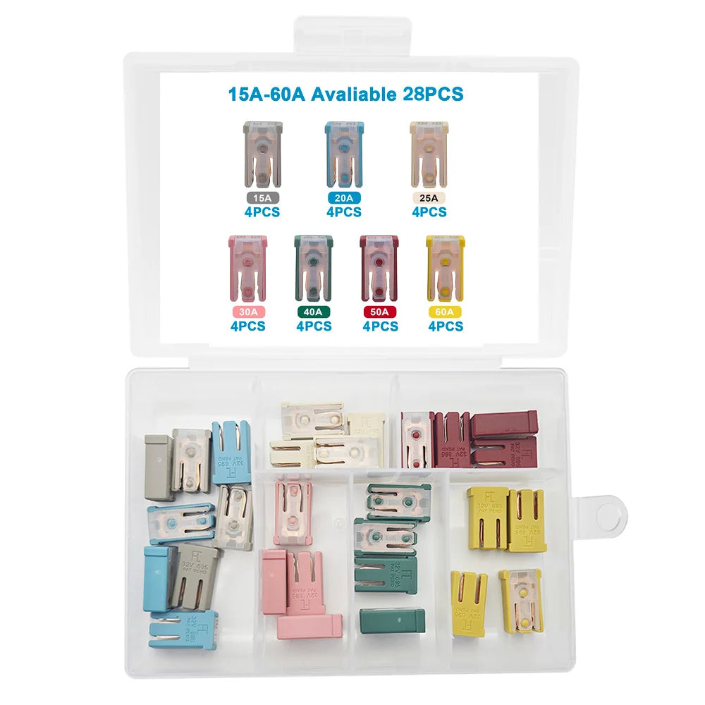 10/14/16/28Pcs MCASE Fuse 15A 20A 25A 30A 40A 50A 60A 32V Mini Slotted Automotive Shaped Cartridge Kit With Plastic Shell Box
