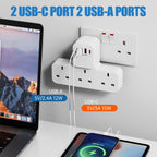 3250W Uk Ac Plug Power Strip Electrical Wall Mounted Outlet Multitap Network Filter with 2 Usb-A 2 Usb-C Charging Adapters