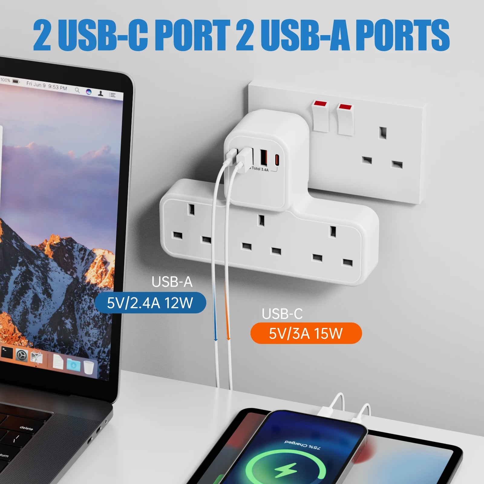 3250W Uk Ac Plug Power Strip Electrical Wall Mounted Outlet Multitap Network Filter with 2 Usb-A 2 Usb-C Charging Adapters