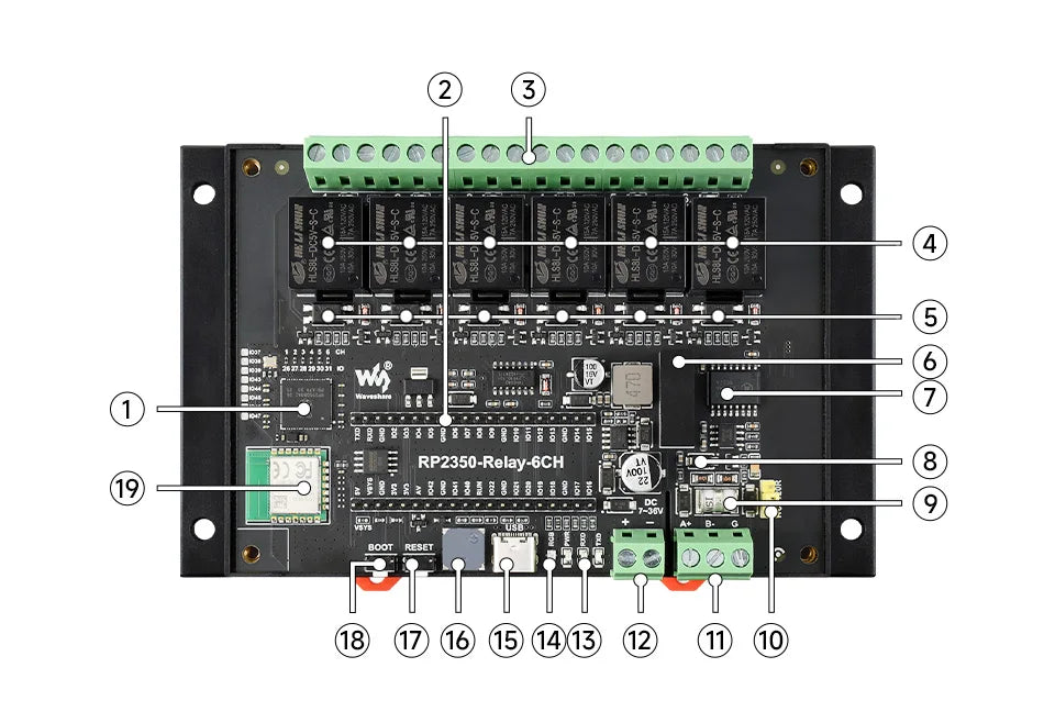 Raspberry Pi Pico 2 RP2350 industrial 6-ch Relay RS485 isolation protection Waveshare RP2350-Relay-6CH WIFI Option