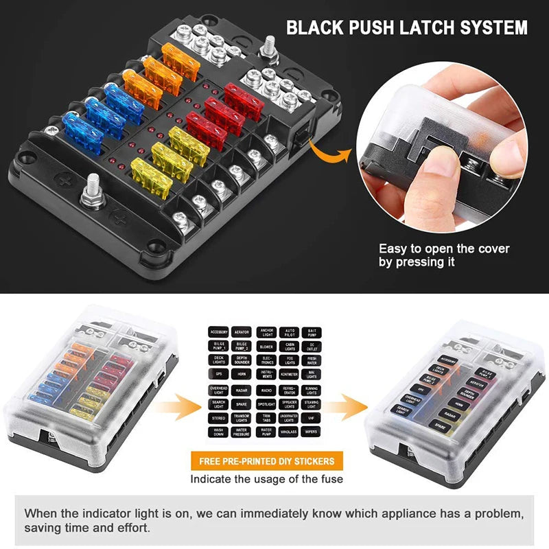 12 Way Fuse Box Holder With Blade Fuse Holder Block & Warning Indicator Car Boat Blade Fuse Box 12V 24V